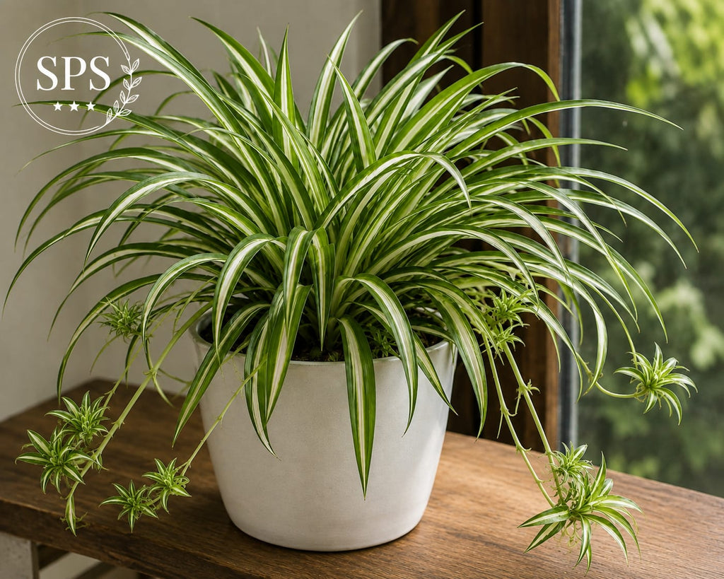 Spider plant grows on its own silently but adds that natural soft touch to your neat spaces, adding life, positivity. Combined with indoor plant arrangement deal-1, this works well with Areka Palm and Spider plant